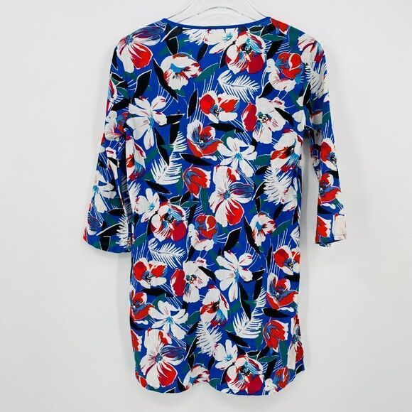 J. Crew Size XXS Blue & Red Floral 3/4 Sleeve V Neck Tissue Tunic Top Coverup - Picture 6 of 6